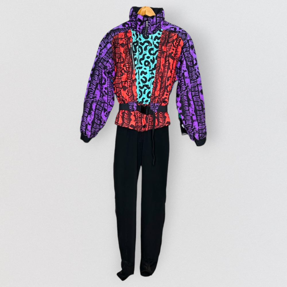 OBERMEYER 80s Vintage Women's Ski Snow Suit Jacket Pants Print Multicolor Sz 10L
